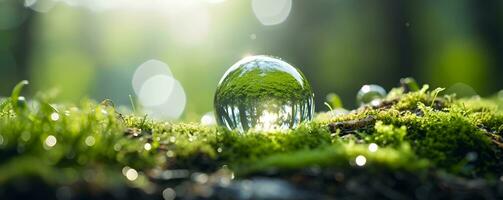 Environment Concept. Globe Glass In Green Forest With Sunlight. photo
