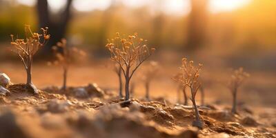 Plant seedling growing on dry cracked soil photo