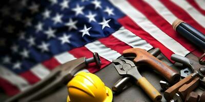 Construction tools with American flag on dark black background. Labor day banner. Generative AI photo