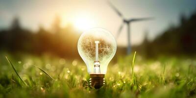 Bulb powered by wind turbine for emphasizing renewable energy. Generative AI photo