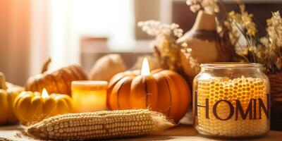 Thanksgiving pumpkins with fruits and falling leaves on rustic wooden table photo