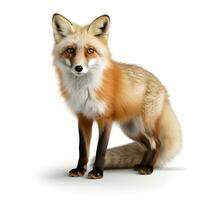 Red fox pose with a bushy tail isolated against a white background. AI generetive photo