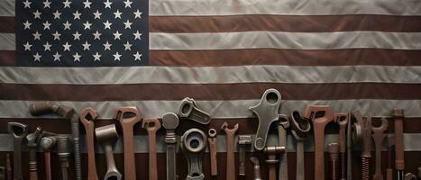 Construction tools with American flag on dark black background. Labor day banner. Generative AI photo