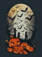Halloween background with pumpkins, bats and moon on dark background photo