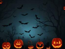 Halloween background with pumpkins, bats and tree branches at night photo