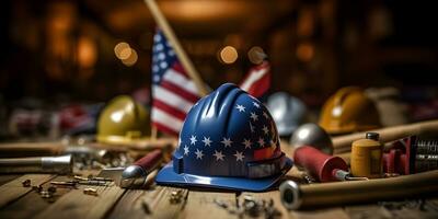 Construction tools with American flag on dark black background. Labor day banner. Generative AI photo