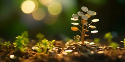 concepto de dinero árbol creciente desde dinero foto