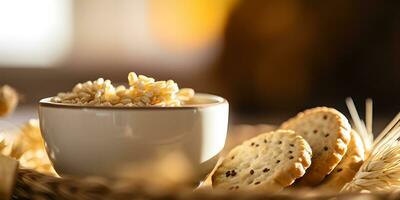 Cereal crackers and biscuits with breakfast cup. healthy eating concept. photo