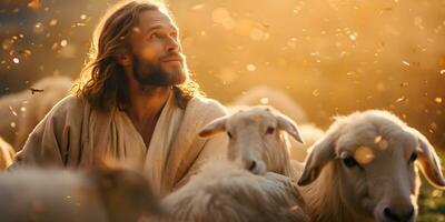 Jesús recuperado el perdido oveja que lleva eso en su brazos. foto