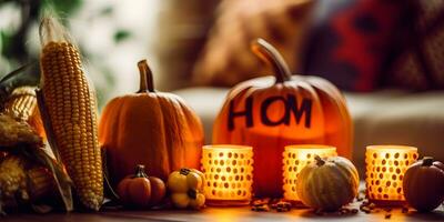 Thanksgiving pumpkins with fruits and falling leaves on rustic wooden table photo