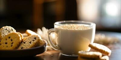 Cereal crackers and biscuits with breakfast cup. healthy eating concept. photo