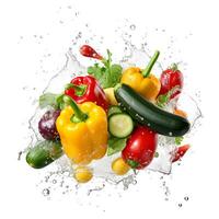 Water splash and vegetable. Fresh pepper, cucumber and radish. AI generetive photo