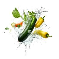 Water splash and vegetable. Fresh pepper, cucumber and radish. AI generetive photo