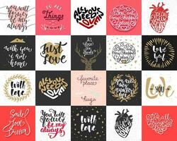 Set of 20 vector love and romantic lettering posters, greeting cards, decoration, prints, t-shirt design. Hand drawn typography. Handwritten lettering. Modern ink brush calligraphy.