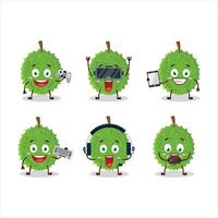 Durian cartoon character are playing games with various cute emoticons vector