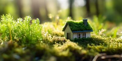 Eco House In Green Environment. Miniture House On Grass. photo