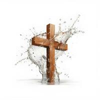 Wooden cross in water splash. AI generetive photo