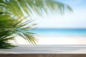 Wood table with palm leafs. summer background. Generative AI photo