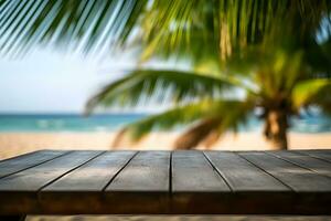 Wood table with ocean background. summer background. Generative AI photo