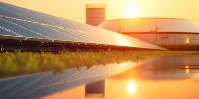 Solar panels in solar farm with sun lighting to create the clean electric power. photo