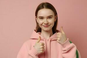 Happy smiling beautiful young woman showing thumbs up gesture AI Generative photo