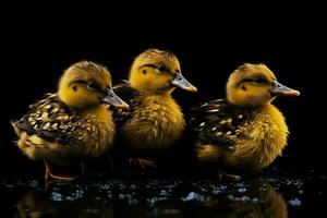 Ducklings marching on a black background AI Generative photo