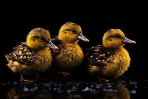 Ducklings marching on a black background AI Generative photo