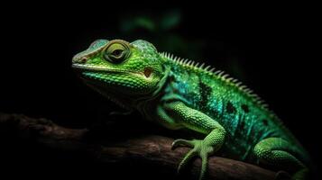 Lizard forest dragon on wood with black background, animal closeup AI Generative photo