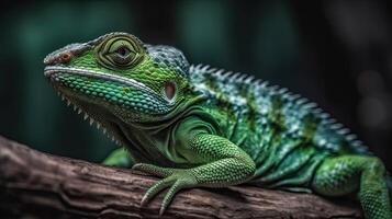 Lizard forest dragon on wood with black background, animal closeup AI Generative photo