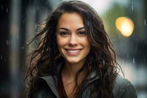 Beautiful young woman with wet hair in the rain photo