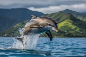 delfines saltar en el agua ai generativo foto