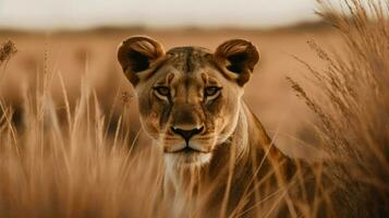 Lions in the savannah ready to hunt AI Generative photo