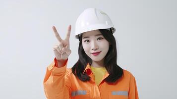 Beautiful Asian young woman wearing architect hardhat with an idea or question pointing finger with happy face photo