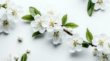 White Sakura cherry blossom on white background AI Generative photo