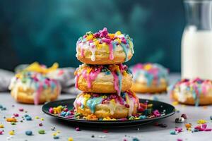 Fresh yummy colorful donuts on grey background AI Generative photo