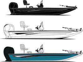 Fishing boat vector, motorboat vector line art illustration and one color