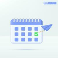 Calendar and check for travel icon symbols. planning a vacation, paper airplane concept. 3D vector isolated illustration design. Cartoon pastel Minimal style. You can used for design ux, ui, print ad.