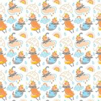 Smiling cat on rain. Child print in doodle style. Seamless pattern for fabric, wrapping, textile, wallpaper, apparel. Vector. vector
