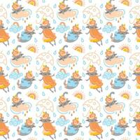 Smiling cat on rain. Child print in doodle style. Seamless pattern for fabric, wrapping, textile, wallpaper, apparel. Vector. vector