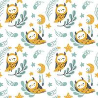 Cute Owl sleeping on a tree branch under the starry sky. Kids print painted in candinavian style. Seamless pattern. vector