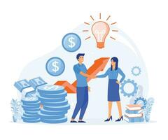 Partnership, venture investment concept. Businessmen shake hands, making financial deal with woman. flat vector modern illustration