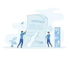 Cancellation of a contract. concept of termination of an agreement. Two men on suit tearing contract. flat vector modern illustration