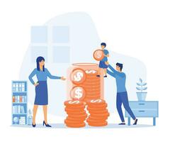 money saving concept. Father and mother teach children to save money. financial management. flat vector modern illustration