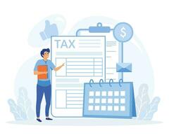 Taxation planning concept. Characters using tax calendar to filling tax declaration form online and with financial advice. flat vector modern illustration