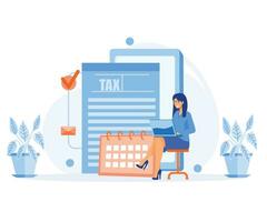 Tax planning concept. Characters using the tax calendar to fill in the tax declaration form online and with the financial adviser. flat vector modern illustration