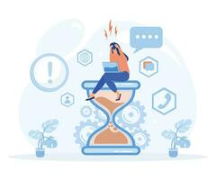 Stress in the office. Fast work, Tired and exasperated business woman is sitting on an hourglass and clutching her head with business process icons. flat vector modern illustration