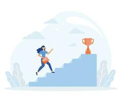 Businesswoman climbing ladder to golden trophy, Motivation for success. flat vector modern illustration