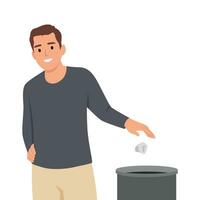 Man throw the paper into blue recycle garbage bin with paper. Reuse or reduce symbol. Plastic recycle trash can. vector