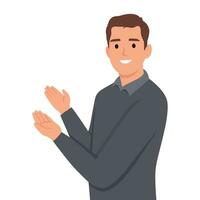 Happy man points to something. Character for advertisement. Guy shows a direction with a hand. vector