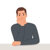 A man is sitting on the desk with one hand and chin is joyful imagining. vector